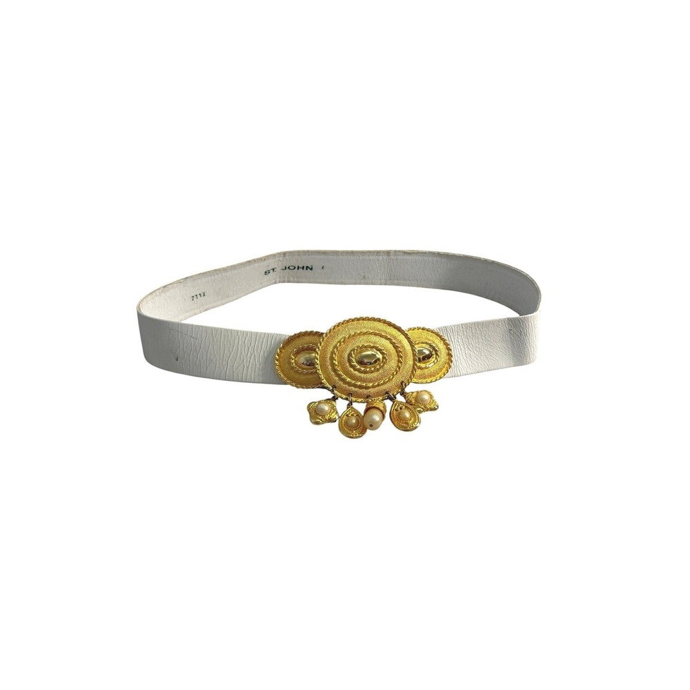 St John Vintage 80s Wide‎ White Leather Belt Gold Medallion Pearl Charms 4 S